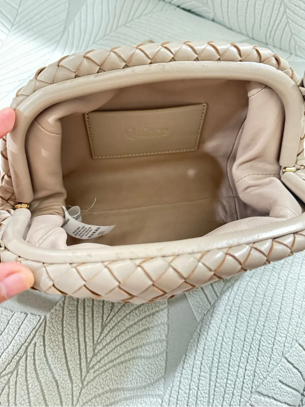 Quince Woven Leather Clutch in Taupe Beige